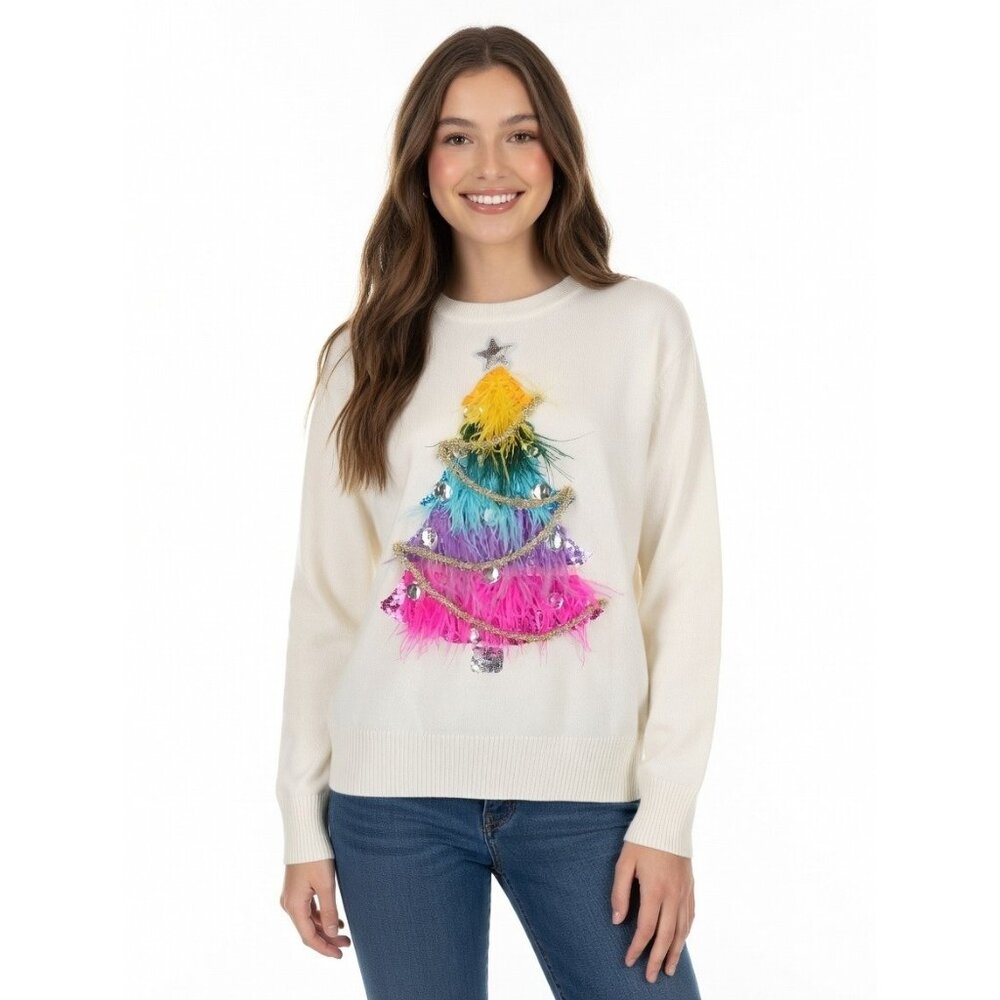 NWT Queen Of Sparkles Feather Tinsel Trim Christmas Tree White Sweater S